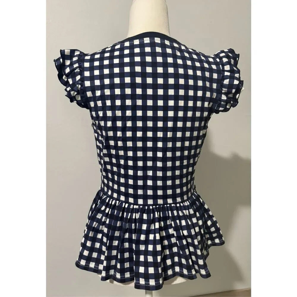 Kate Spade blue white gingham peplum blouse flutter sleeve M